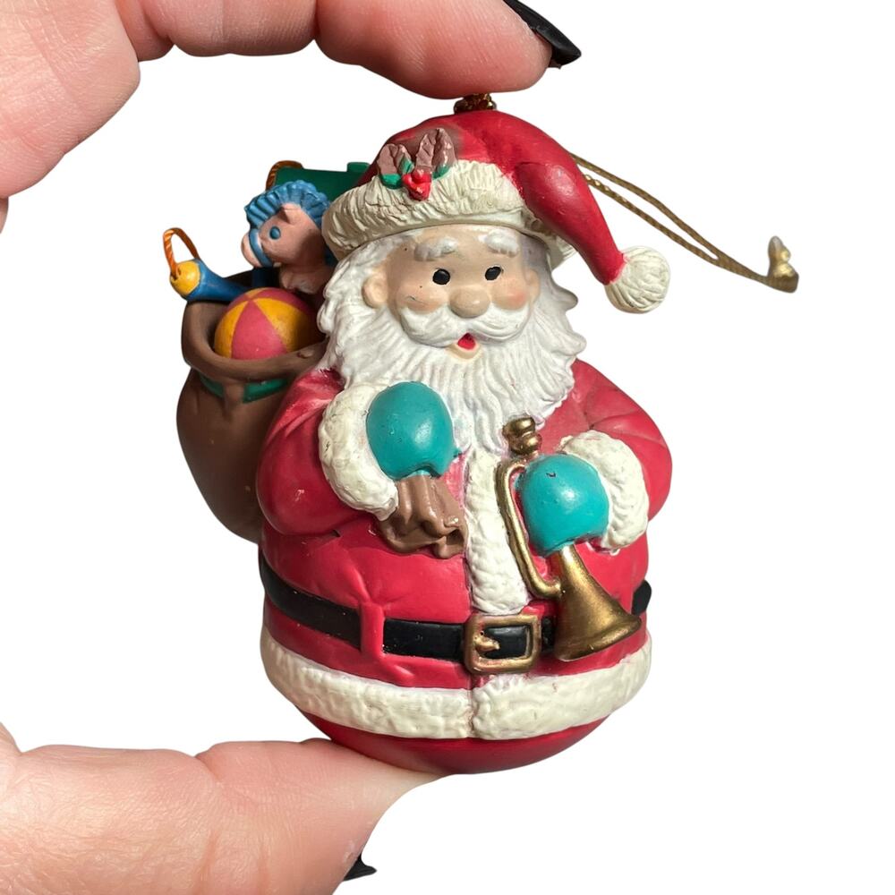 Vintage Lustre Fame Roly Poly Santa with Bag of Toys Christmas Ornament Plastic
